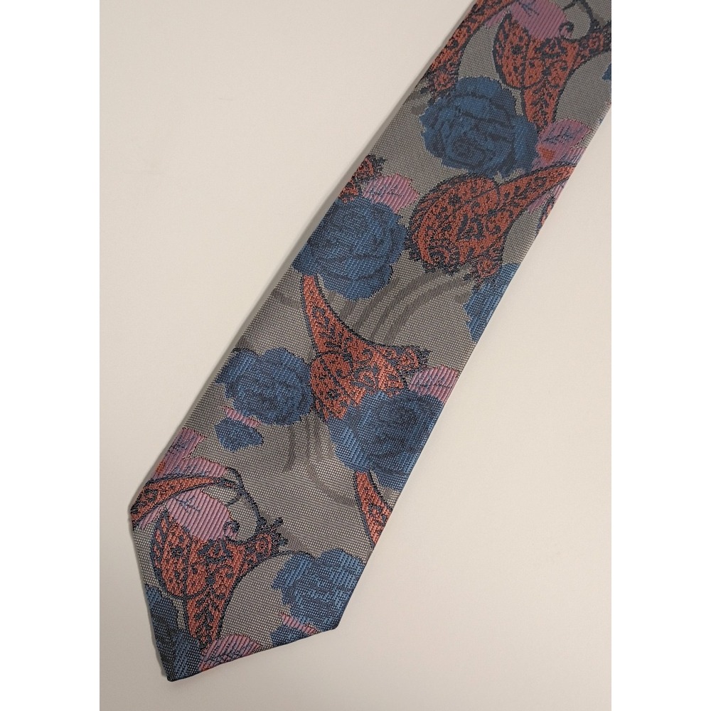 SALEM TOWN Men's Paisley Floral Polyester/Silk Necktie 3.5" Wide Gray Blue Pink
